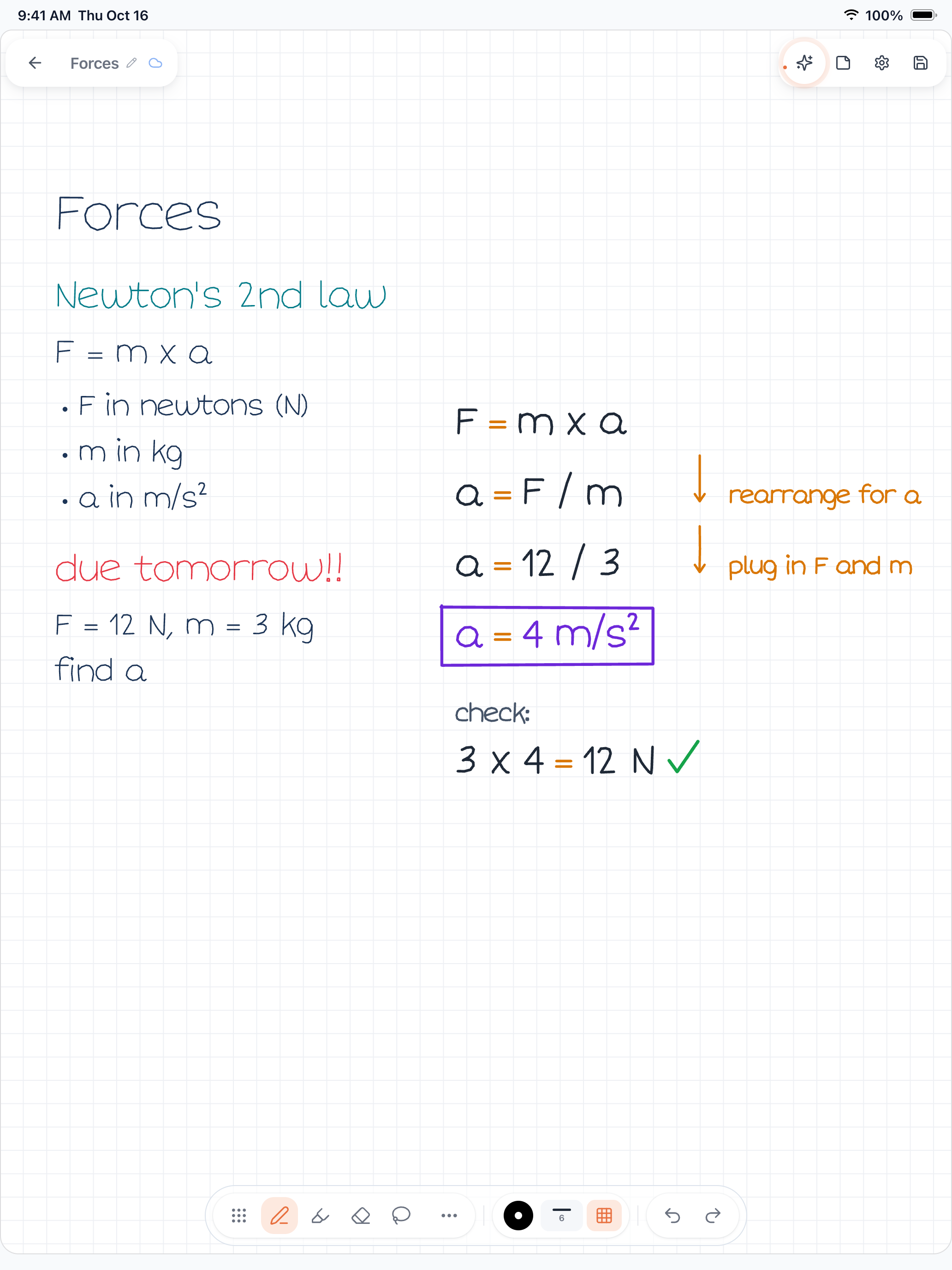 A Wren iPad physics sketch of forces turned into a clear labeled diagram in AI ink