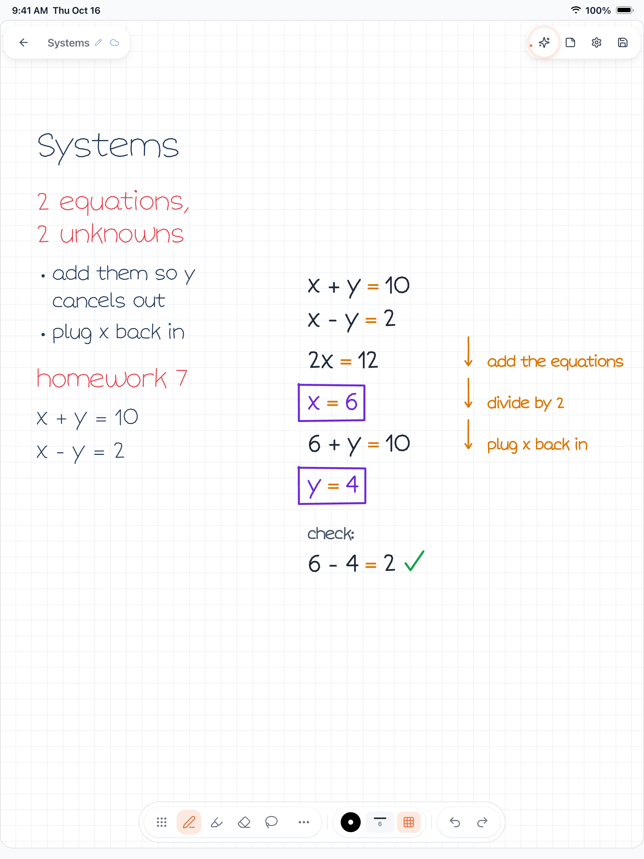 A Wren iPad math note solving a system of equations with the working drawn in AI ink