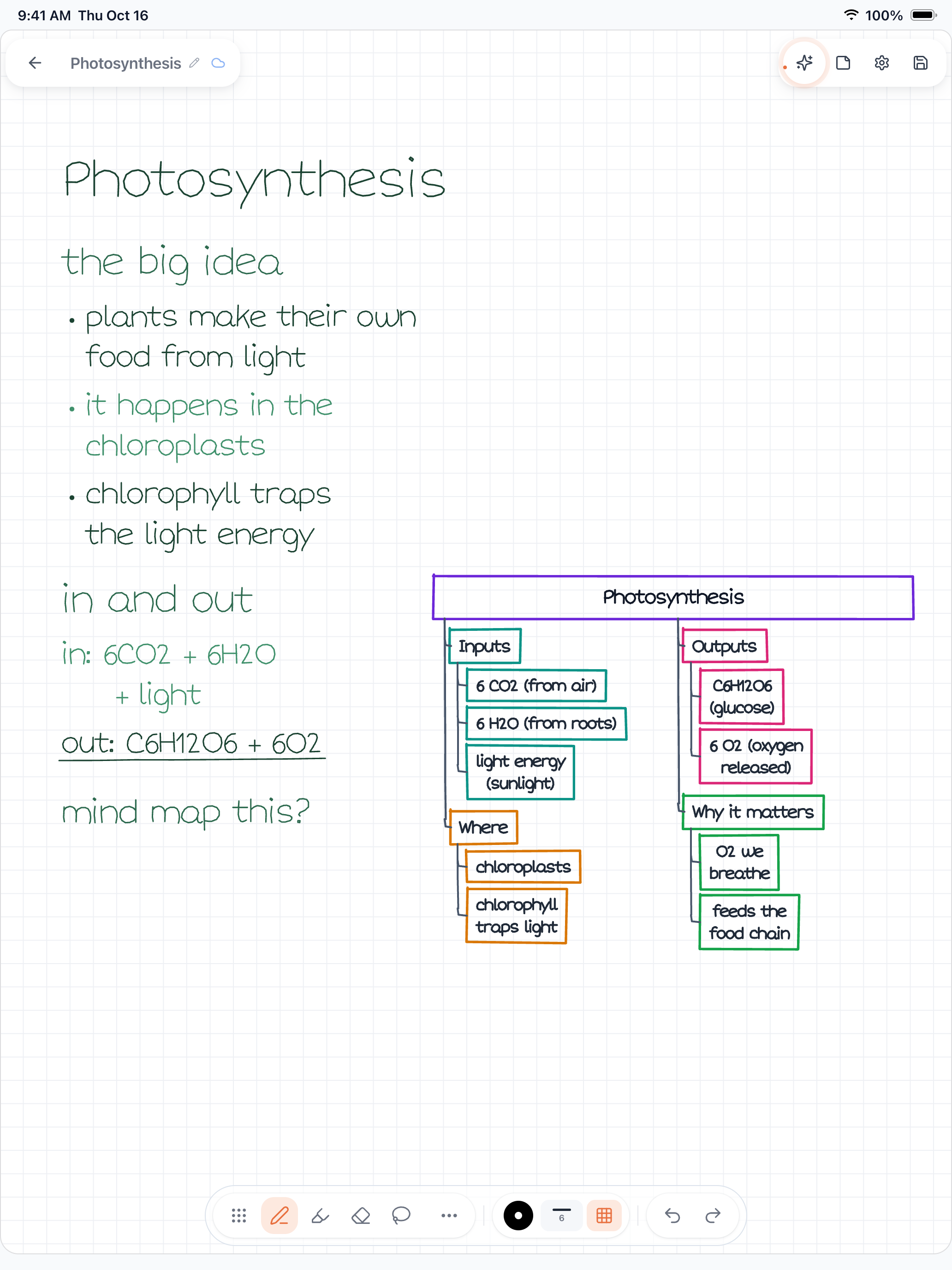 A Wren iPad note combining green handwriting with an AI-ink photosynthesis mind map