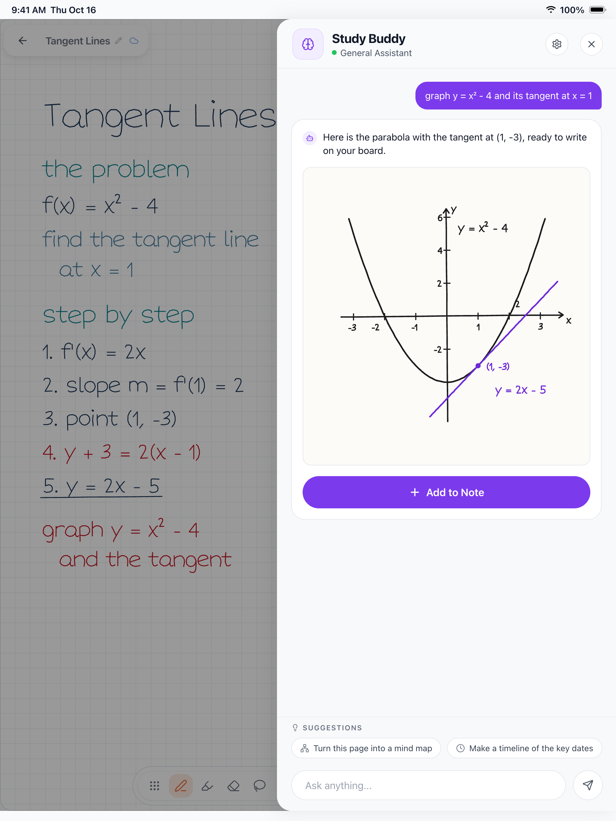 A Wren iPad note with the Study Buddy panel open, previewing an AI-ink answer before it lands on the page